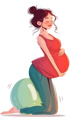 Obraz premium Delightful Cartoon Illustration of a Content Pregnant Woman Kneeling on a Fitness Ball, Emphasizing Joyful Prenatal Exercise