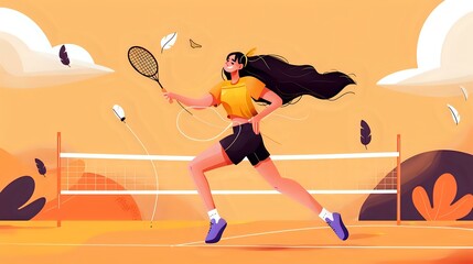 Badminton Court with Energetic Woman Player in Illustration