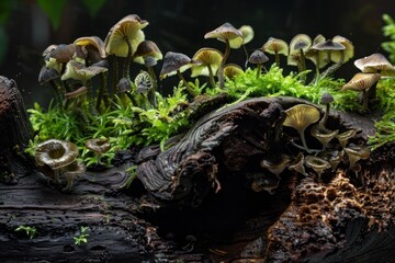 Close-up of a log with various types of small mushrooms and green moss, showcasing a rich, miniature forest ecosystem. International Day for Biological Diversity