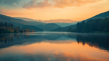 Fototapeta premium A lake in the mountains at the dawn of the sun