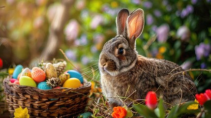 Portrait of a cute rabbit next to a woven basket during Easter