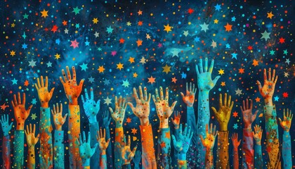 Colorful hands reaching towards starry sky