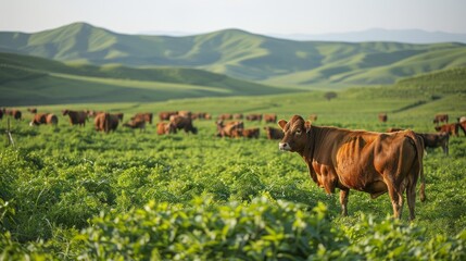 Fototapeta premium Cows on a cattle ranch on a beautiful wide open farm with mountains in the background. 