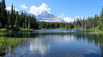 A mountain lake with a forest and a mountain in the background