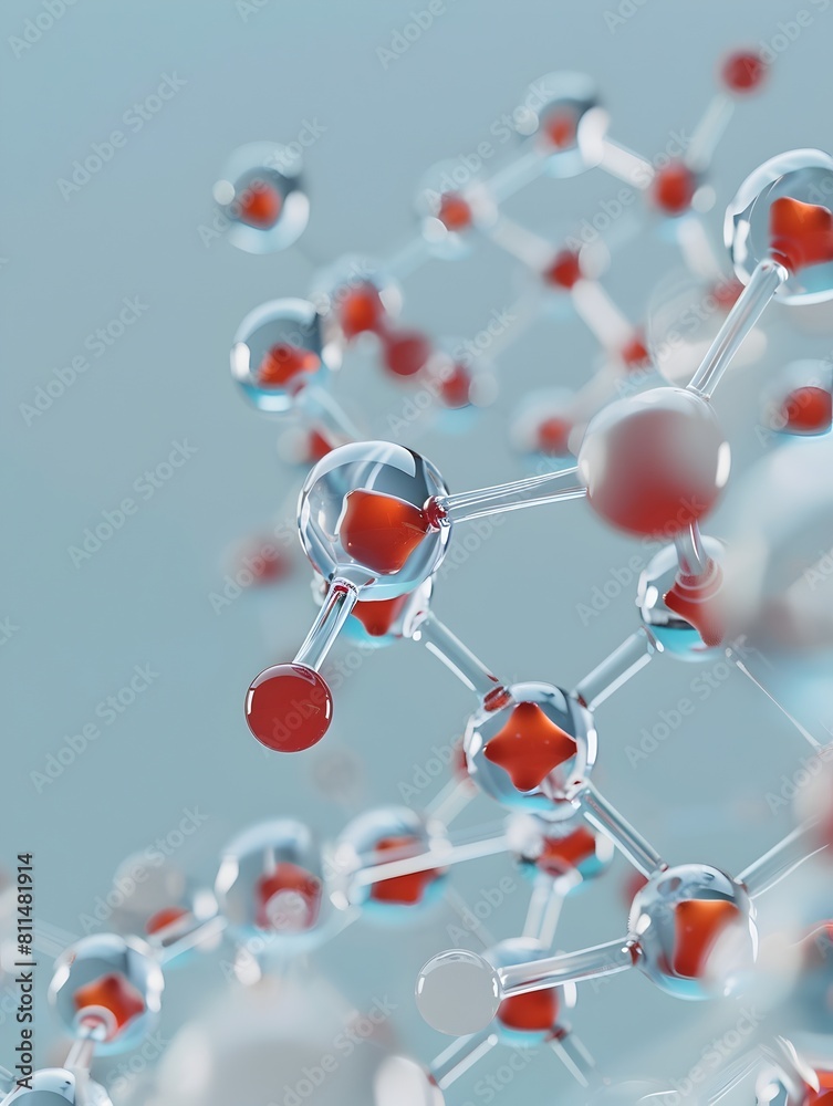 Poster intriguing molecular structure with interconnected translucent shapes and patterns