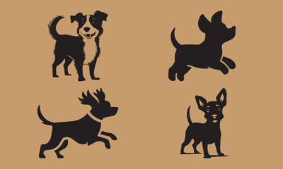 vector, isolated black silhouette of a cute dog, collection icon set