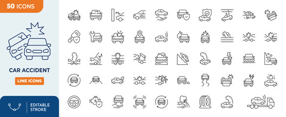 Car accident Line Editable Icon set. Editable stroke. Vector illustration	