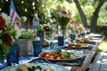 A table set for an outdoor gathering with a patriotic theme, featuring American flags and a variety...
