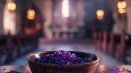 A poignant image showcasing purple ashes in a ceremonial dish, signifying the observance of Ash Wednesday, against the backdrop of an empty church interior