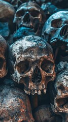 A pile of skulls human skulls with many shaped background ,Skull
