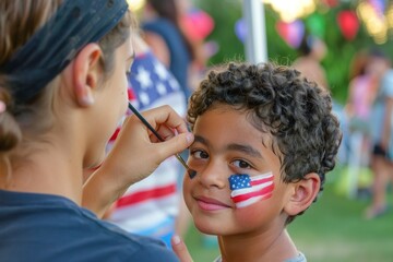 Young Hispanic boy getting an American flag painted on his cheek at an outdoor event.