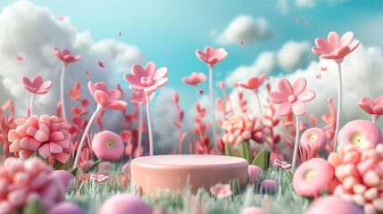 3D illustration of serene springtime scene with blooming pink flowers and puffy clouds in a pastel sky.