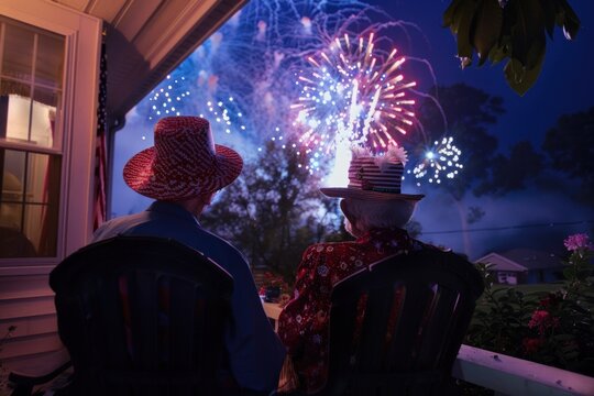 Elderly Caucasian couple in patriotic clothing watching fireworks from their backyard during a festive celebration. 4th of July, american independence day, , memorial day concept