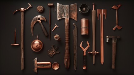 Render a detailed image of Copper Age tools and weaponry, super realistic