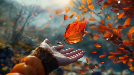 A serene scene capturing the essence of autumn mental health, featuring a person releasing an autumn falling leaf into the wind