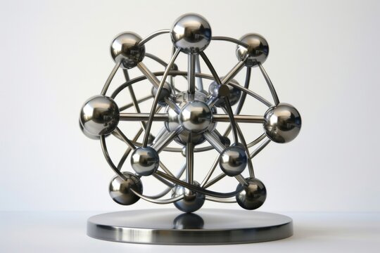 Design a sleek, metallic sculpture representing the atomic structure of gadolinium , super realistic