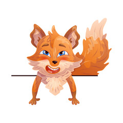 Amusing fox looks out from behind the wall. Character design. Vector illustration.