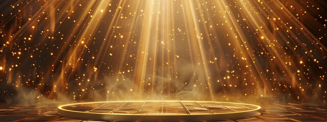 A dark background with golden rays of light shining down on an empty podium, creating a dramatic and elegant atmosphere for product displays or award.