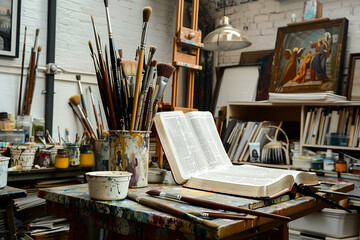 Retro artist's loft, a Bible amid brushes and paints, inspiration drawn from faith as much as vision, super realistic