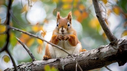 Red squirrel perched on a tree branch with its arms folded