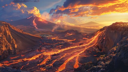 A striking image of the volcano erupting at dawn, with the first light of day illuminating the fiery lava flows 