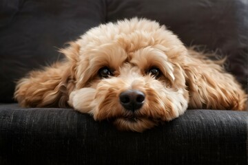brown poodle on a black and gray couch