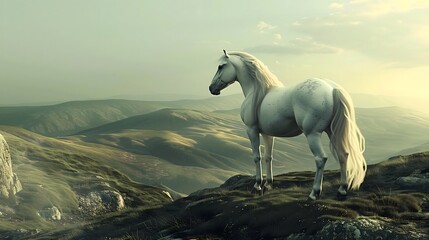  Stunning 3D artwork portraying a horse standing regally against a backdrop of rolling hills and vast open sky. 
 - Powered by Adobe