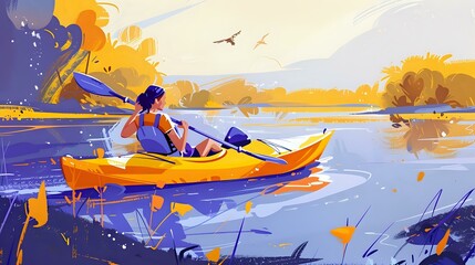 Happy woman expertly wielding paddle while kayaking in calm river
