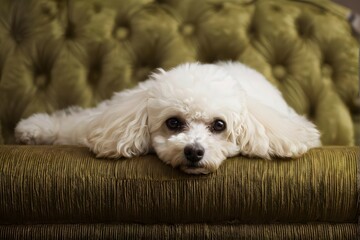 white poodle lying on green couch