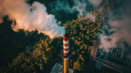 Dense smoke rising from industrial chimney against lush green forest backdrop, juxtaposing air pollution with nature, advocating for low carbon solutions, suitable for environmental campaigns