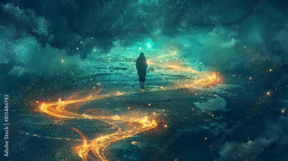 Wall mural Concept of divine guidance with a figure following a glowing path