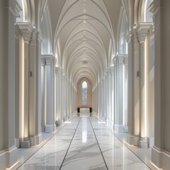 Fototapeta premium Minimalist cathedral corridor white marble walkway flanked by elegant poles