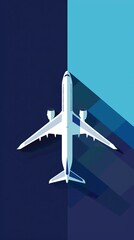 A white airplane on a blue background, in the flat design style with simple shapes and clean lines 