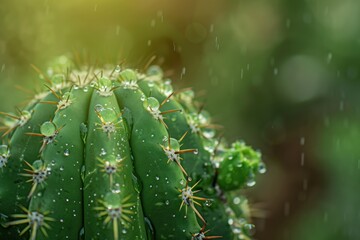 Macro shot of a green cactus covered in rain droplets with soft-focus background.