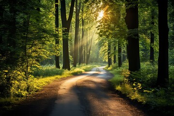 Obraz premium A photo of a long and winding road through a dense forest