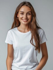 Fototapeta premium Woman wearing white tshirt mockup created with generative AI