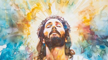 Vibrant watercolor depiction of Jesus surrounded by a halo of divine light