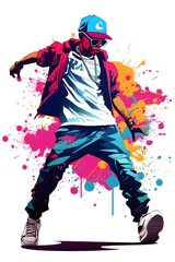 Confident Hip Hop Dancer Character Wearing Trendy Streetwear Outfit with Bold Cartoon Style and Colorful Splatter Elements