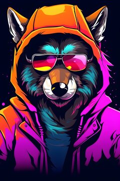 Cool Wolf Character in Streetwear Synthwave Style with Sunglasses Beanie and Hoodie