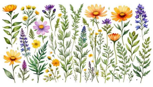 wildflower greenery collection watercolor flowers botanical nature spring floral rbs illustrations garden wild summer set flower herb illustration isolated white background vintage plant decoration