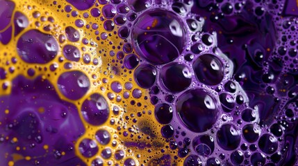 Abstract patterns formed by purple and yellow soap bubbles dispersed in paint, creating a dynamic and visually appealing background that adds depth and dimension to any design project