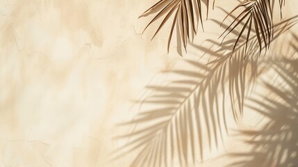 Minimal product placement background with palm shadow on beige plaster wall . Generative Ai