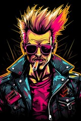 Edgy Punk Rocker in Psychedelic Styled T Shirt with Mohawk Hairstyle Leather Jacket and Ripped Jeans