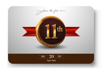 11th Anniversary Logo With Golden Ring And Red Ribbon Isolated on Elegant Background, Birthday Invitation Design And Greeting Card.