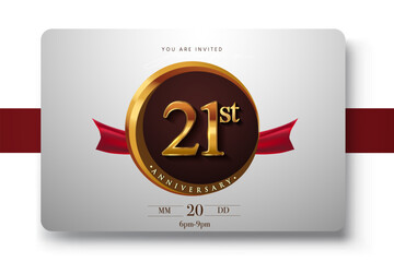 21st Anniversary Logo With Golden Ring And Red Ribbon Isolated on Elegant Background, Birthday Invitation Design And Greeting Card.