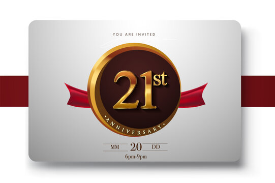 21st Anniversary Logo With Golden Ring And Red Ribbon Isolated on Elegant Background, Birthday Invitation Design And Greeting Card. - Powered by Adobe