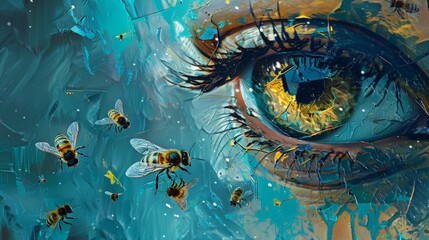 An abstract composition portraying bees in flight around a symbolic visionary eye, against a backdrop of vibrant blue hues, creating a surreal and thought-provoking visual experience