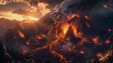 An apocalyptic scene of the volcano erupting in the dead of night, with torrents of lava pouring down the mountainside