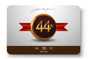44th Anniversary Logo With Golden Ring And Red Ribbon Isolated on Elegant Background, Birthday Invitation Design And Greeting Card.