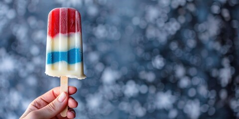 A close-up of a hand holding a homemade popsicle with layers of red, white, and blue, symbolizing a patriotic theme against a blurred background. 4th of July, american independence day